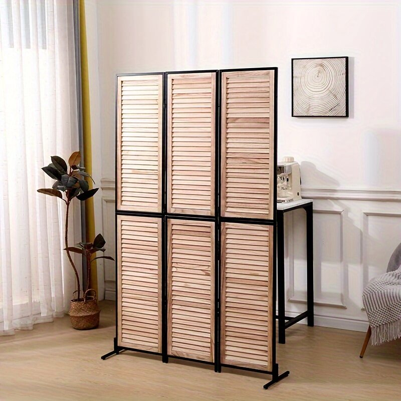 1pc 3 Panel Wooden Room Divider, 6ft Folding Privacy Screen, Contemporary Natural Wood Partition Wall Divider With Metal Frame F