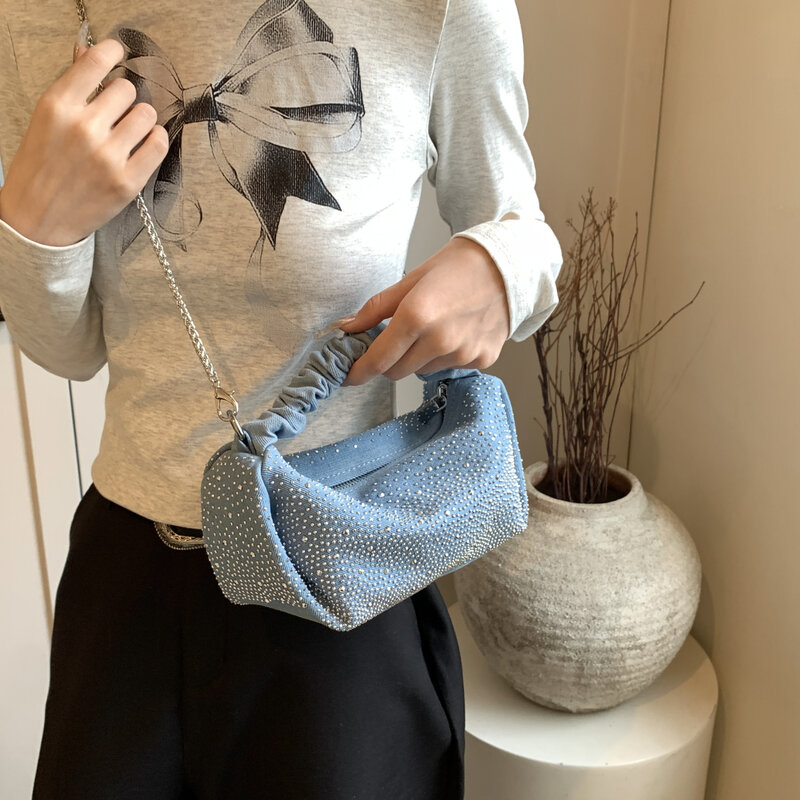 2024 neue plissierte Handtaschen für Damen Mode Cloud Bag Designer Jeans Tasche Luxus besetzt Diamant Denim Umhängetasche