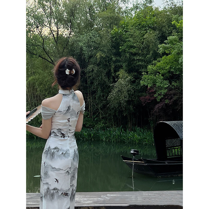 Sexy Off Shoulder Long Cheongsam Gray Ink Slim Floral Dress Fashion-look Elegant Traditional Evening Dresses Vintage Qipao