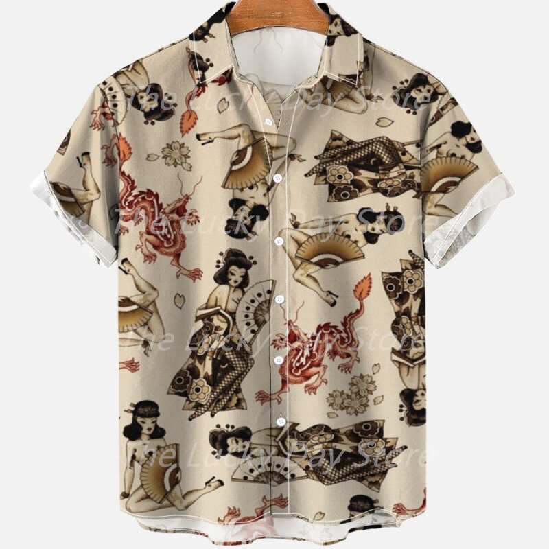 Letnia męska odzież społeczna na co dzień Vintage, w kwiaty hawajska Oversize koszulka z krótkim rękawkiem luksusowa odzież z wzór smoka