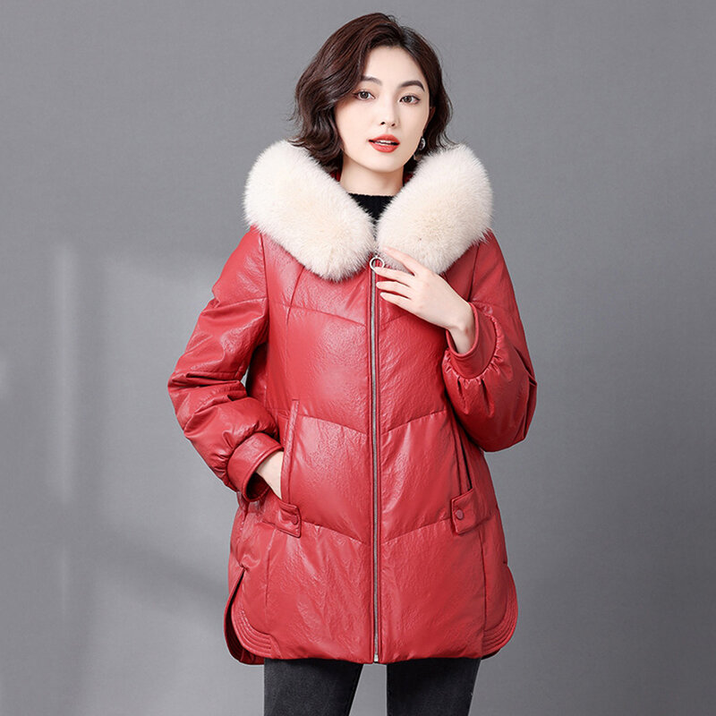 New Women Hooded Leather Down Jacket Winter Fashion Warm Real Fox Fur Collar Loose Sheepskin Down Coat Split Leather Outerwear