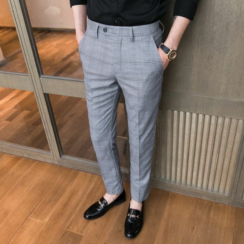 Wiosna cienka koreańska modna smukłe spodnie ołówkowe męska patchworkowa kieszeń z nadrukiem w kratę elegancka uniwersalna proste spodnie na co dzień