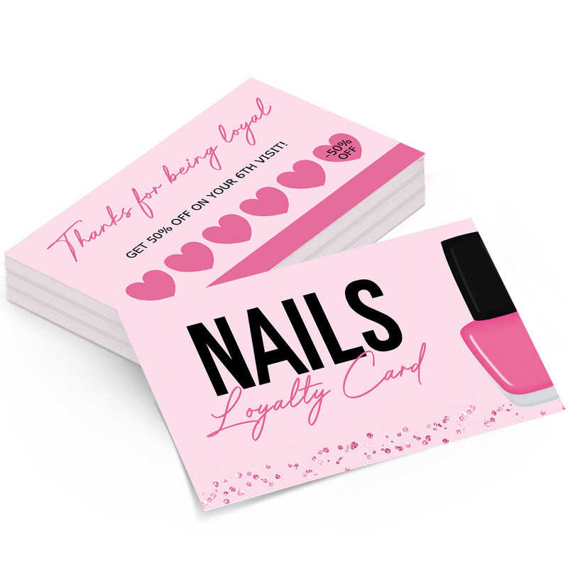 Tarjeta de fidelización de uñas para manicura, tarjeta de presentación de esmalte de uñas, 50 piezas, venta al por mayor