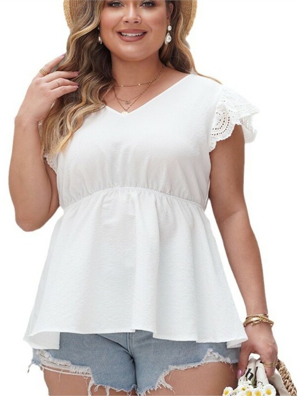 Plus Size Spring Summer Sleeveless Tops Women Loose Ruffle Pleated V-Neck Ladies Cropped Blouses Fashion Backless Woman Tops