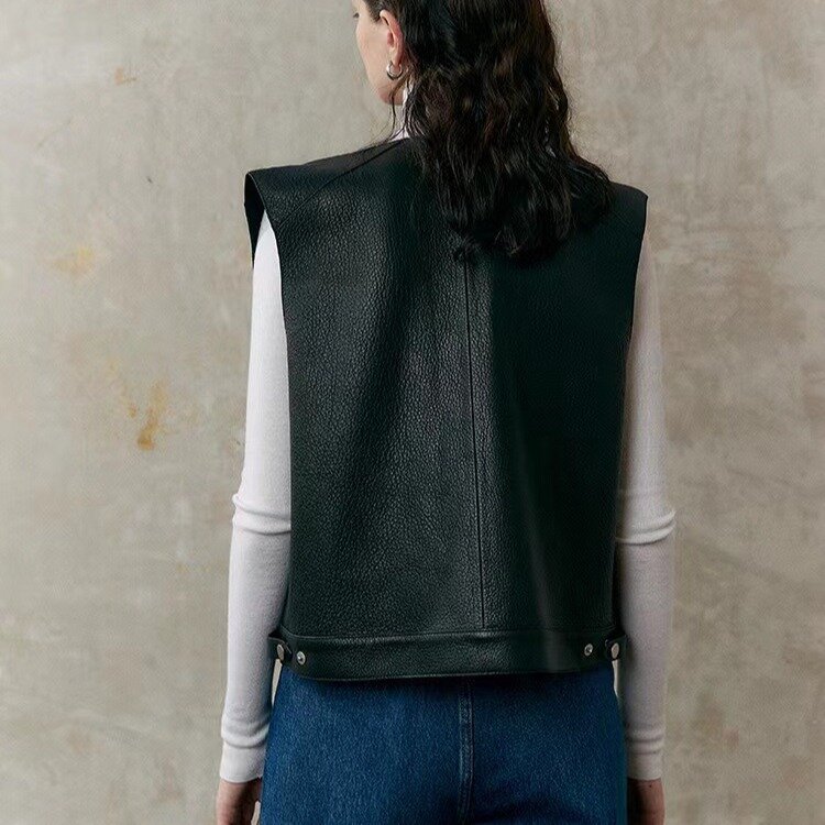2024  New Style Women's Black Brief Slim Genuine Sheepskin Leather Vest O-Neck
