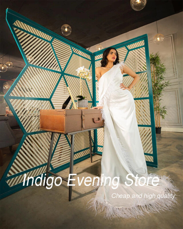 Indigo Evening Dresses One Shoulder Sweep-Train Feathers Women Elegant Formal Party Dress Saudi Arabia 2024 فساتين السهرة