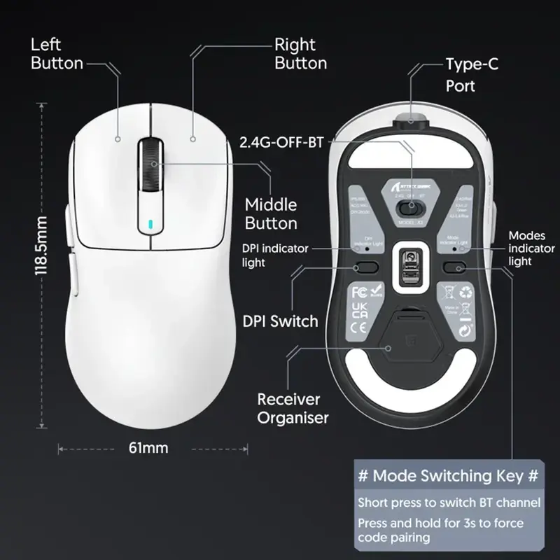 X3  PixArt PAW3395 Bluetooth Mouse 2.4G Tri-Mode Connection, 26000dpi, 650IPS, 49g Lightweight Macro Gaming Mouse