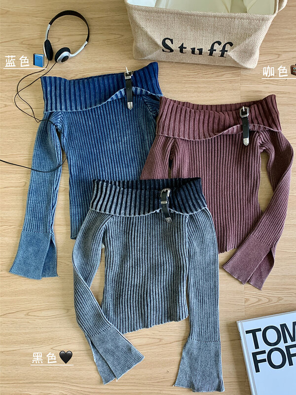 Fashion Simple Classical Knitted Sweater Slash Neck Off Shoulder Long Sleeve Pullovers Flare Sleeve Autumn Winter Y2K Streetwear