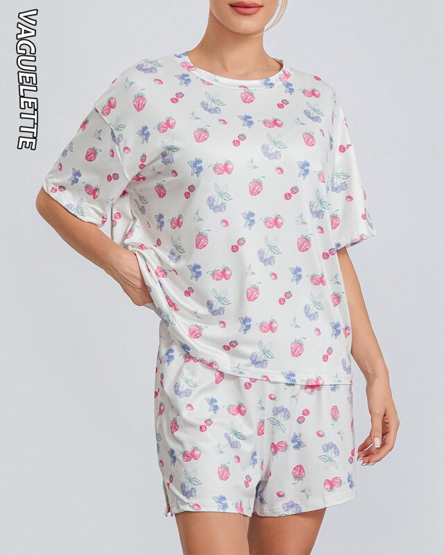VAGUELETTE 여성용 잠옷 세트, 귀여운 과일 프린트 티셔츠 및 반바지, 2 피스 의상, 라운지 잠옷 세트