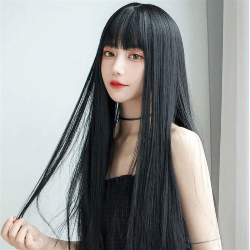Peluca Bob Bobo con flequillo para mujer, peluca larga de aspecto Natural, peluca recta para versiones diarias coreanas negras