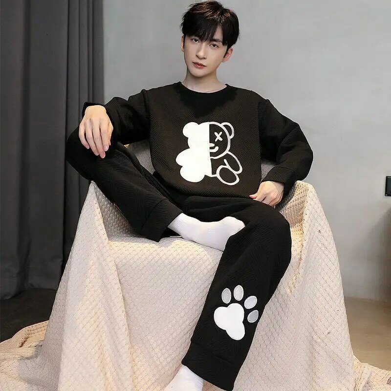 Men Pajamas Autumn Winter Thickened Cotton Long Sleeve Interlayer Loose Extra Large Air Filter Cotton The New Homewear Set