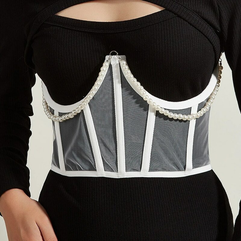 Cintura corsetto larga in rete trasparente da donna elegante cintura a vita alta con lacci Cummerbund catena di perle bustier top abito cintura decorativa