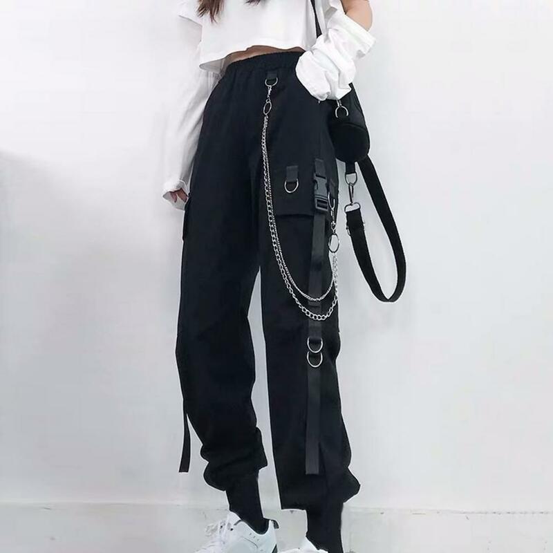Calças femininas com elástico na cintura alta, elegante decoração em cadeia, vários bolsos, streetwear confortável, na moda