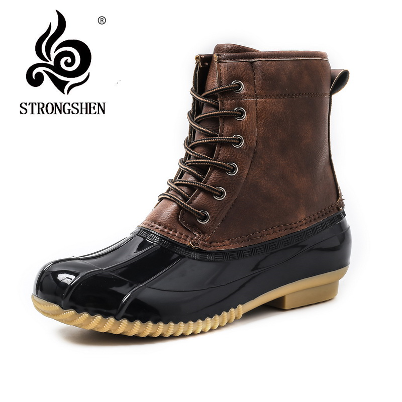 STRONGSHEN – bottes imperméables en canard pour femmes, avec fermeture éclair, semelle en caoutchouc, chaussures de pluie, à lacets, cheville, chaussures d'hiver en fourrure