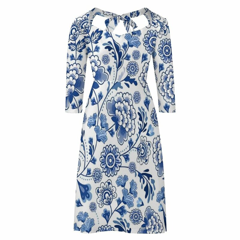Vestido casual com flor azul personalizado feminino, design de porcelana chinesa, vestidos de rua, vestido bonito sexy, tamanho grande 6XL