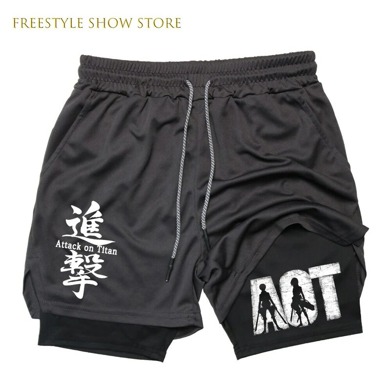 Men's Anime Attack On Titan Gym Shorts Bilayer 2-In-1 Breathable Quick-Drying Multiple Pockets Sports Short Gym Jogging Pants