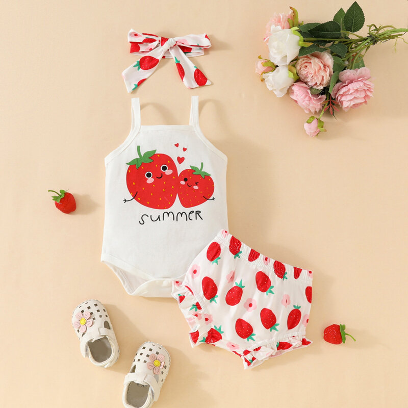 Baby Mädchen Sommerkleid ung Erdbeer druck ärmellose Stram pler und elastische Shorts Stirnband Set 3 Stück Outfits