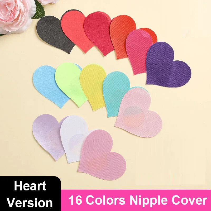 16 Colors Disposable Poly Satin Heart Style Invisible Nipple Cover Tape Overlays on Bra Nipple Pasties Stickers for Women Girls