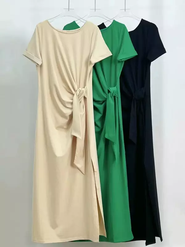 Frauen Robe einfarbig O-Ausschnitt Schnürung Taille Kurzarm einfaches Midi-Kleid