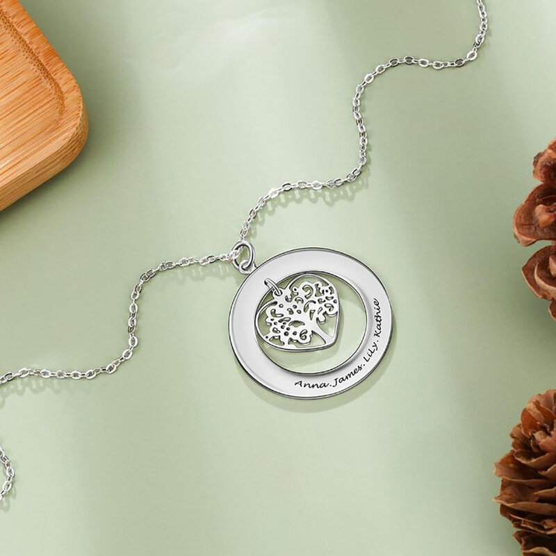 Personalizado coração árvore da vida colar para as mulheres personalizado redondo nome gravura pingente charme colares de aço inoxidável jóias