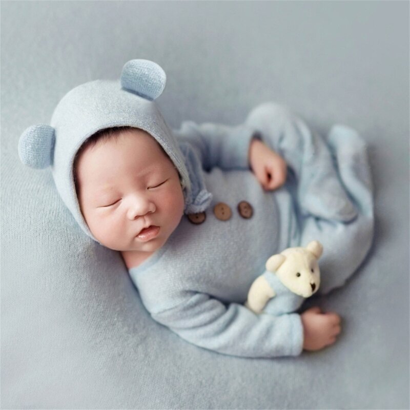 新生児写真撮影小道具新生児ジャンプスーツ帽子 & 人形写真撮影服セット