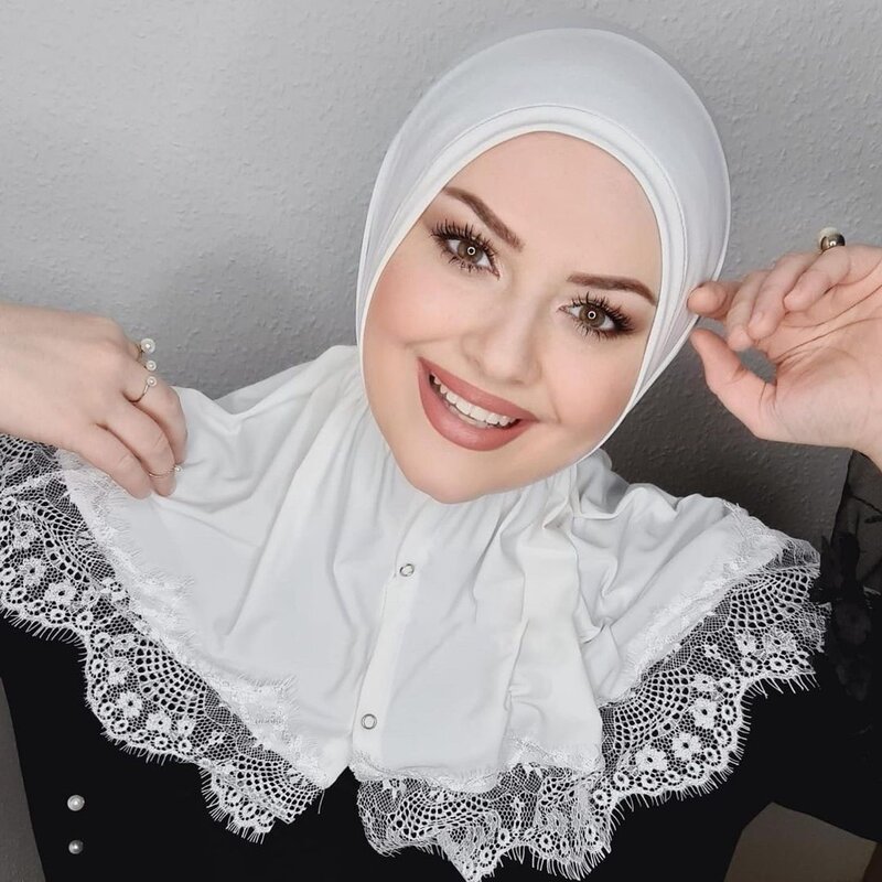 Muzułmańskie białe koronkowe modalne hidżab kobiety z guzikami koronkowy hidżab głowie islamski szal Abaya hidżaby dla kobiet Abayas sukienka z dżerseju