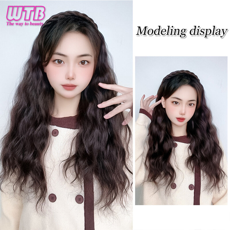 WTB Synthetic Long Curly Wig Female Long Hair Playful Braided Hair Hairband Wig Half Head Natural Extension Wig