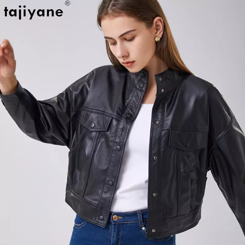 Tajiyane-jaqueta de couro feminino, pele de carneiro 100% natural, casaco casual, camurça real, outono, 9 quartos, 2023