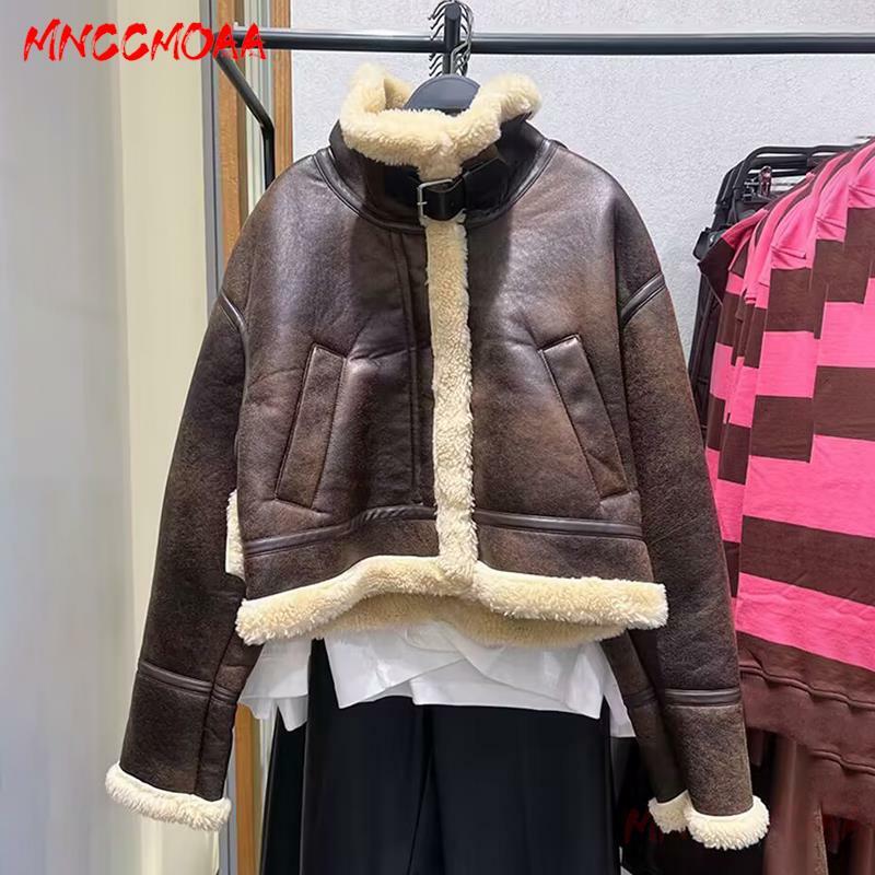 MNCCMOAA-Jaqueta de couro sintético grosso e quente do vintage feminino, casaco feminino, tops soltos, outwear sólido moda inverno de alta qualidade 2024