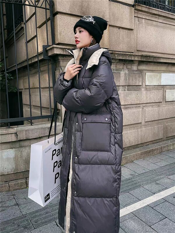 90% White Duck Down Korean Version Hooded Down Jacket for Women's Winter New Fashion Loose Fitting and Thickened Mid Length Jack