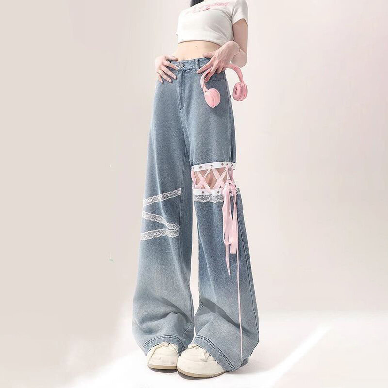 Straight jeans women's 2024 summer new lace stitching hollow design loose code gradient slim hole wide-leg pants.