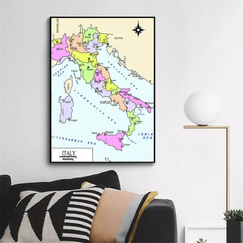 Affiche murale de la carte politique italienne, toile Non tissée, peinture en aérosol imprimée, décoration de maison, fournitures scolaires pour enfants, 150x225cm