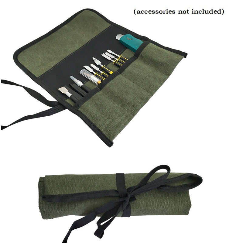 실용적인 운반 손잡이 옥스포드 캔버스 치즐 롤 백, 다기능 도구 가방, 회색 및 녹색, 새로운 도구 케이스, 드롭쉽, 1PC