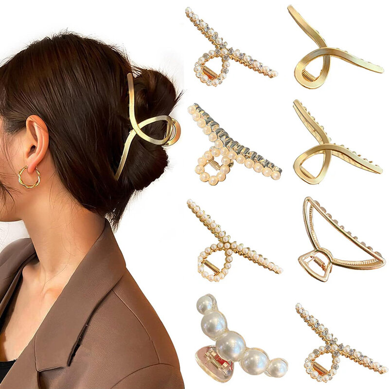 Shiny Rhinestone Crystal Pearl Hair Claw Clips For Women Girl Geometric Metal Hair Crab Hairpins Headwear Hair Accessories