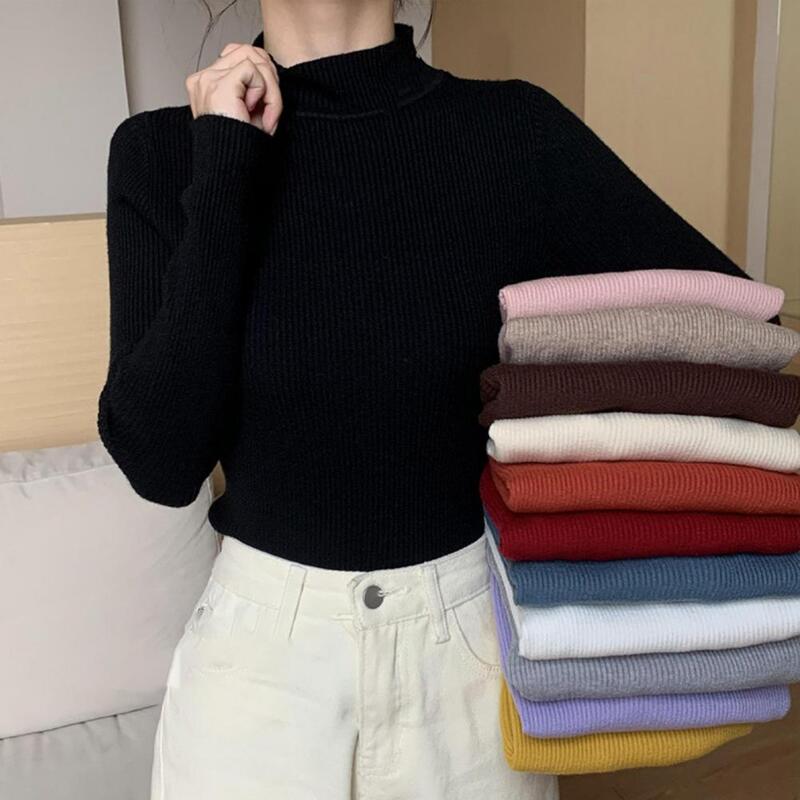 Women Sweater Solid Color Half High Collar Slim Fit Pullover Spring Autumn Stretch Knitted Bottoming Shirt Streetwear
