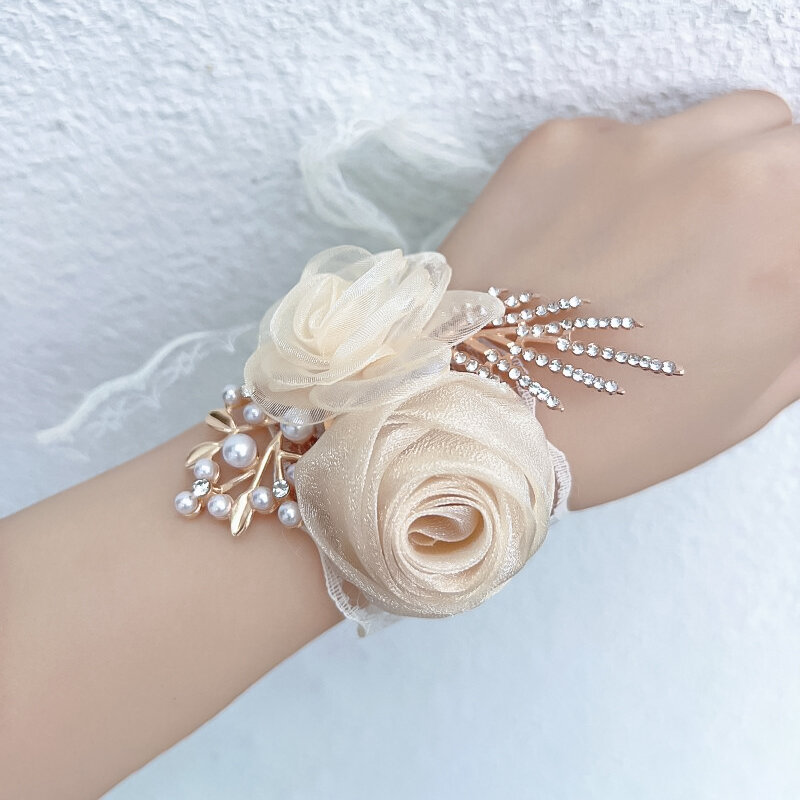 Gadis pengiring pengantin bunga pergelangan tangan mutiara berlian imitasi Boutonniere Satin gelang mawar kain bunga tangan aksesoris pesta pernikahan