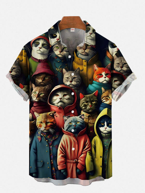 남성용 귀여운 고양이 프린트 캐주얼 셔츠, 데일리 웨어, 3D 프린팅 클래식 반팔 셔츠, 하라주쿠 패션 하와이안 셔츠