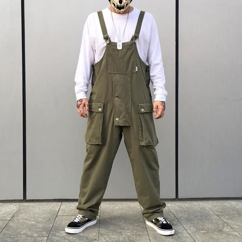 Celana Panjang Kerja Streetwear Multi Saku Gaya Jepang Hip Hop Jalanan Longgar Keseluruhan Denim Pria Jumpsuit Kargo