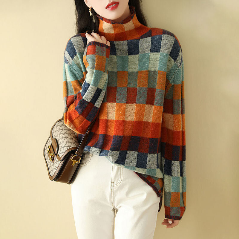 Women's Clothing Autumn New Casual Pullovers All-match Warm Tops Stylish Turtleneck Knitted Spliced Loose Lattice Korean Sweater