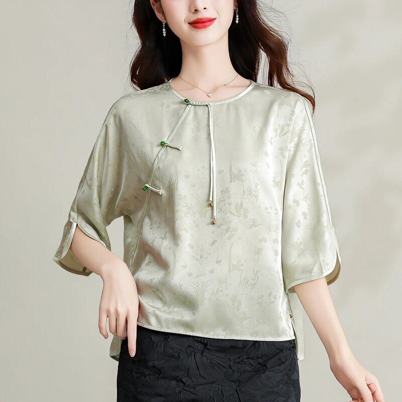 Атласные женские рубашки на весну/лето, блузки в китайском стиле с цветами, свободные винтажные женские топы, модная одежда YCMYUNYAN