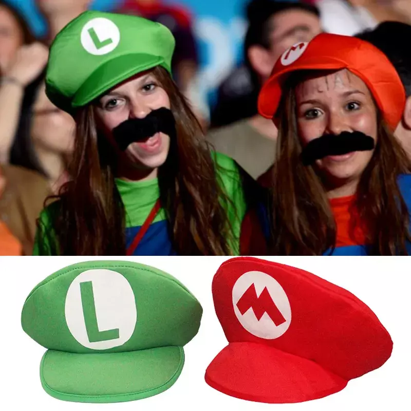 Super Mario czerwone zielona nakrętka Cosplay kreskówkowe czapki z wąsami Unisex rekwizyty do Cosplay akcesoria stroje imprezowe