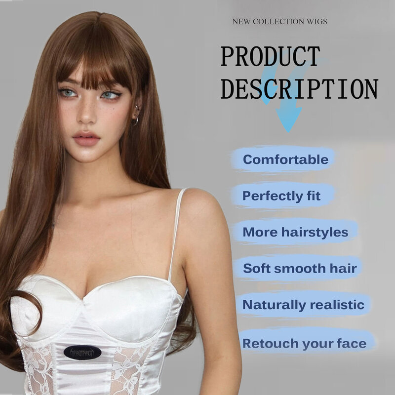 LOUIS FERRE Brown Long Straight Synthetic Wigs for Women Natural Hair With Bangs for Daily Use Cosplay Heat Resistant Fiber Wigs
