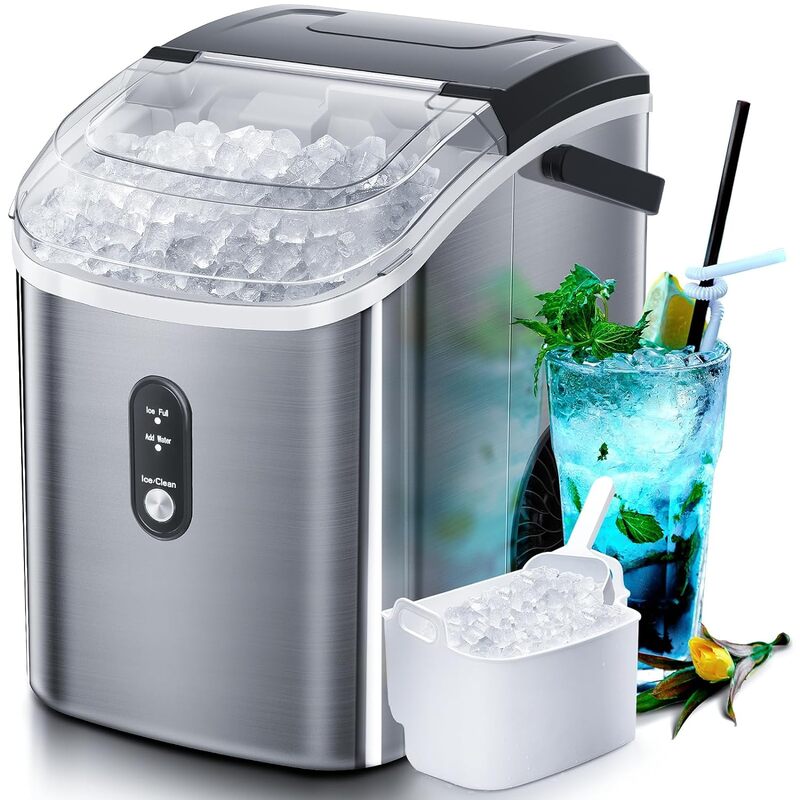 Countertop Ice Maker with Soft Chewable Ice, 34Lbs/24H, Pebble Portable Ice Machine with Ice Scoop, Self-Cleaning,