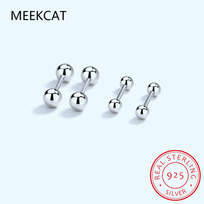 Real 925 Sterling Silver Round Screw Bead Stud Earrings For Fashion Women Classic Fine Jewelry Minimalist Accessories