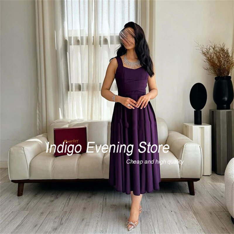 Indigo Evening Dress 2024 Spaghetti Straps Sleeveless Tea-Length Pleat Prom Gown Simple Formal Occasion Dress 2024 فساتين السهرة