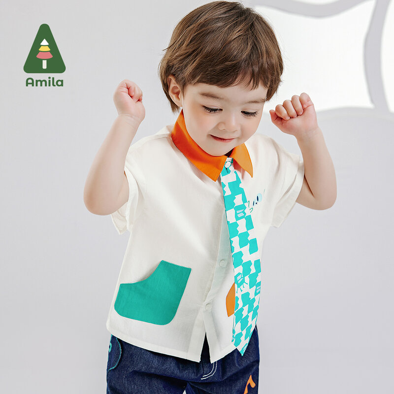 Amila 2024 Summer New Boys Top with Contrasting Collar and Pocket Casual Tie Shirt Kids Clothing 0-6Y