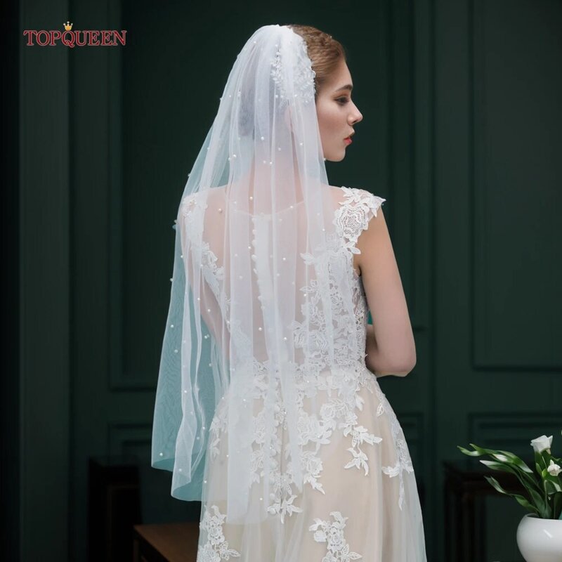Topqueen V05 Parels Wedding Veils Met Kam 100% Handgemaakte Kralen Bruiloft Accessoires 3M Kathedraal Bruiloft Sluier Luxe Elegante