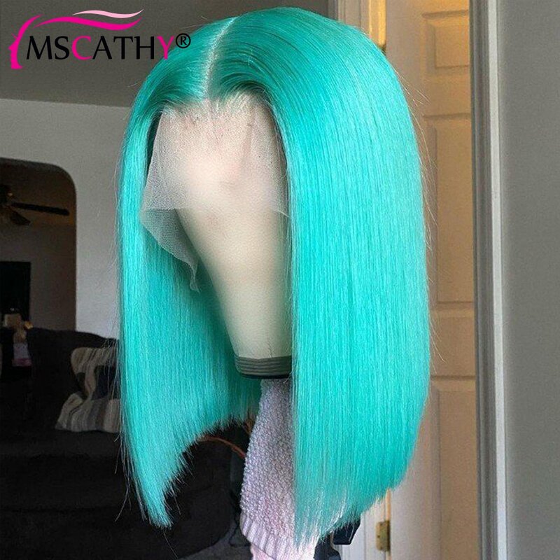 Mscathy-Peluca de cabello humano virgen para mujeres negras, pelo brasileño con malla frontal 13x4, color verde menta, 100%