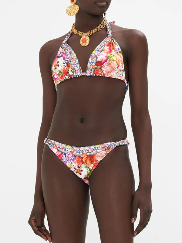 Kontras warna Bikini wanita tren modis bunga cetak Set baju renang desainer baru liburan pantai pakaian renang berkemah dan penutup