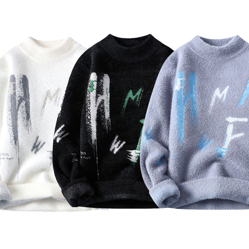 Suéter versión coreana para hombre, suéteres de punto de manga larga, Jersey informal ajustado con estampado de letras, Sudadera con capucha Harajuku de invierno